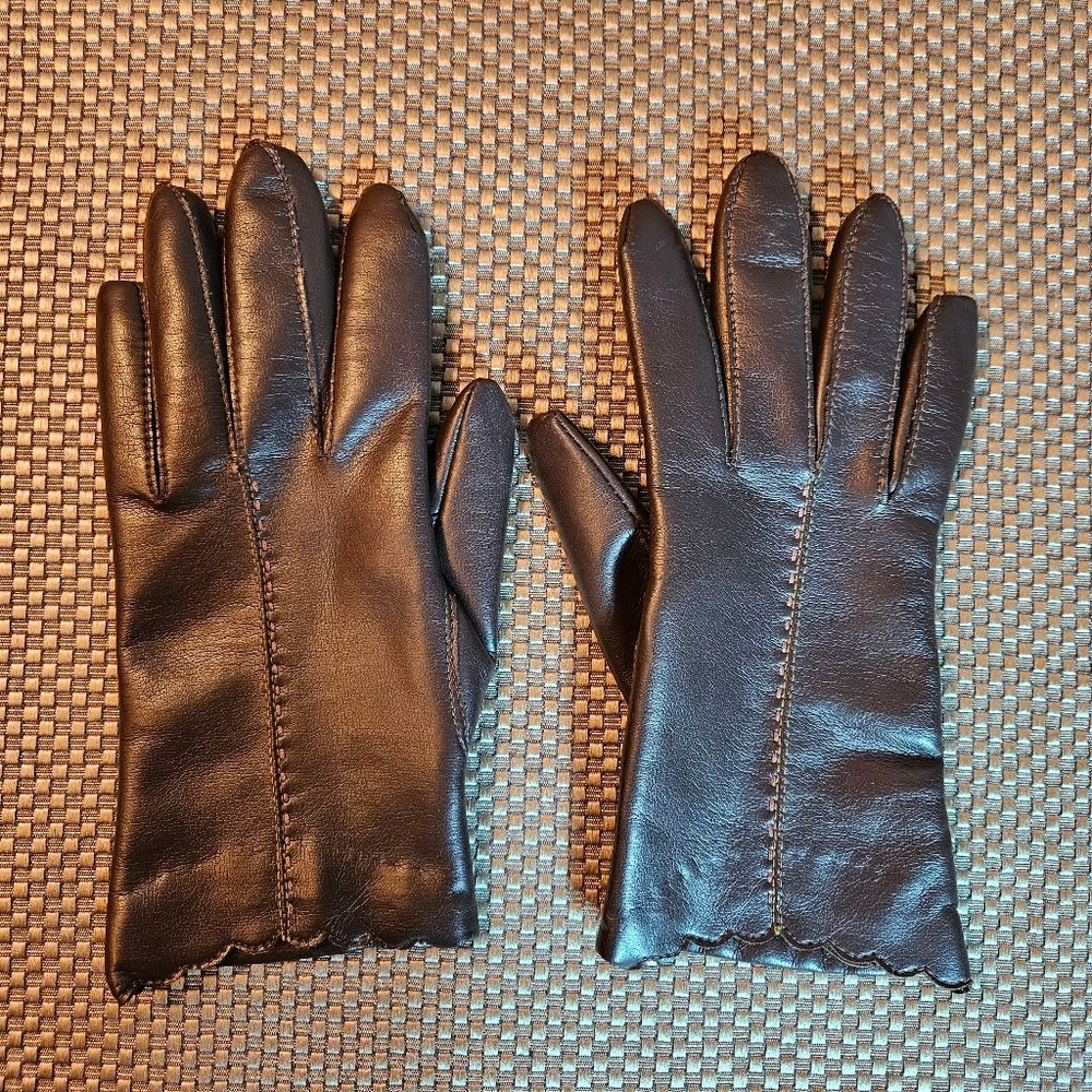 Women's Vintage Brown Non- Leather Gloves Fancy Size A Small Thin Fingers